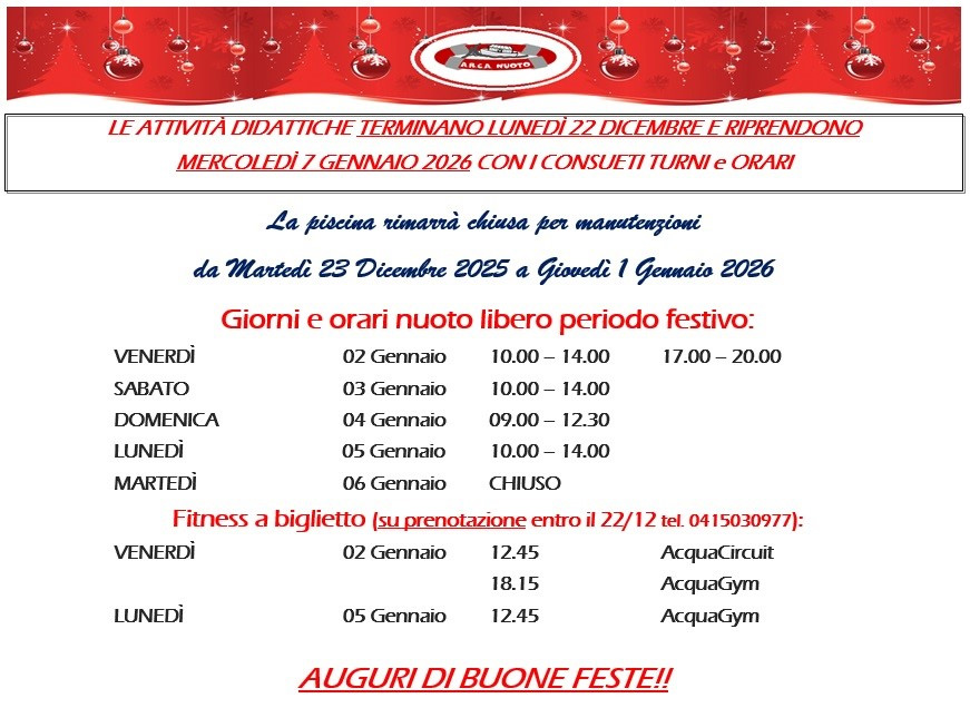 Chiusura Natalizia, orari libero nuoto e attività fitness a biglietto, festività 25/26